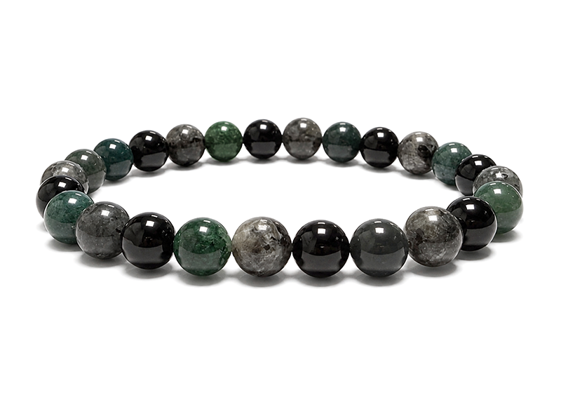 Larvikite, Moss Agate & Black Onyx Bracelet A 8mm Beads