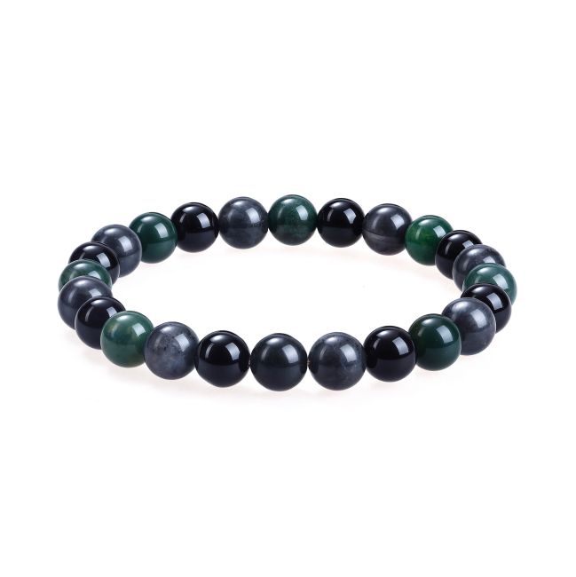 Bracelet Larvikite, Moss Agate, Black Onyx beads 8 mm