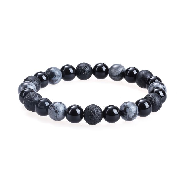 Obsidian Snowflake Bracelet, Lava Stone, Black Onyx 8mm Beads