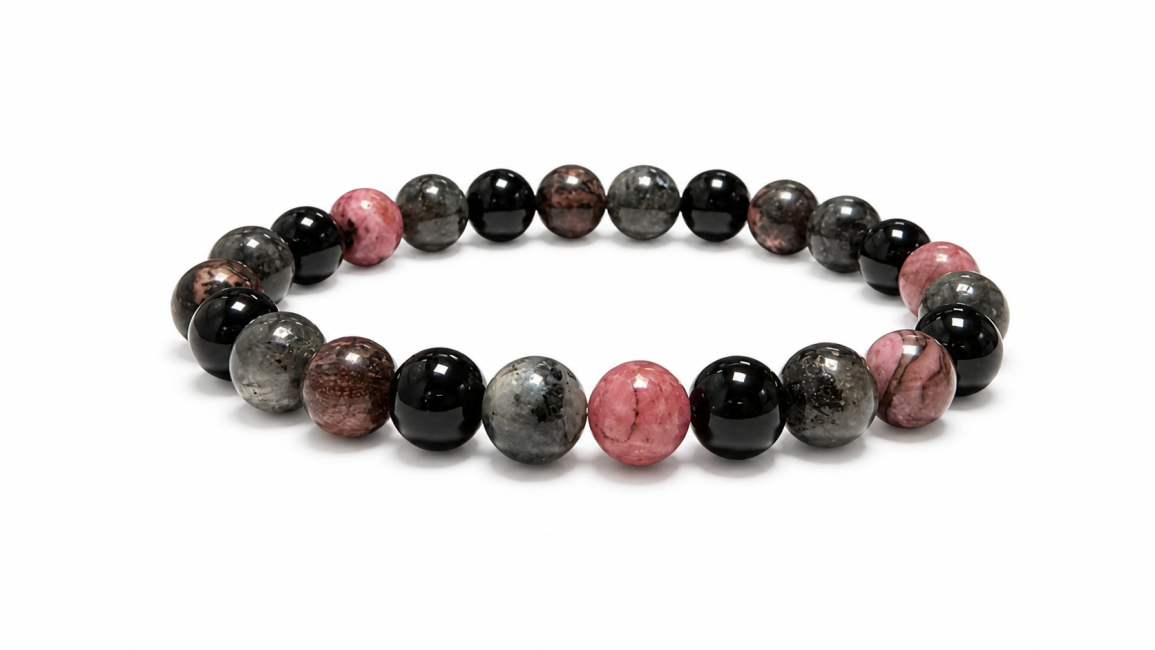Rhodonite, Larvikite & Black Onyx Bracelet A 8mm Beads