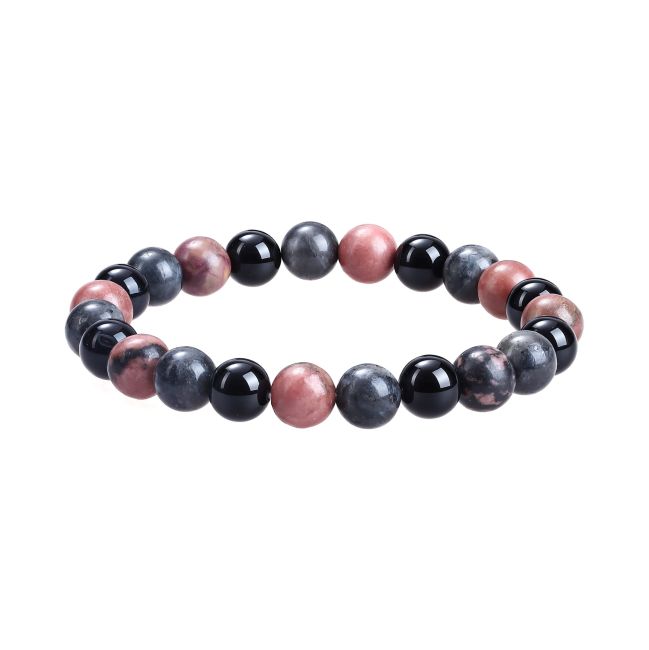 Bracelet Rhodonite, Larvikite, Black Onyx beads 8 mm