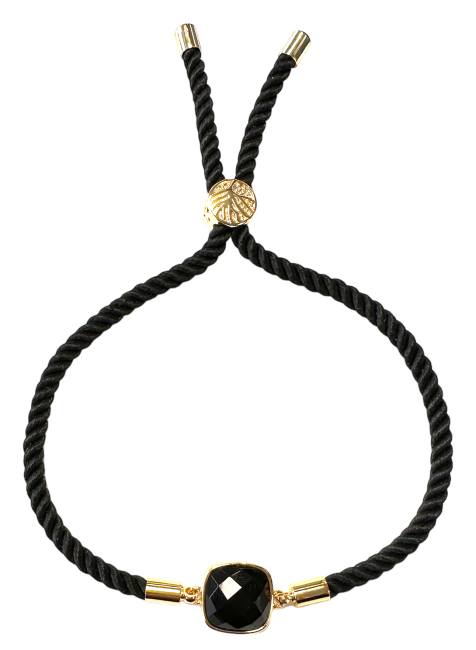Faceted Square Black Obsidian Brass Rope Bracelet 11mm