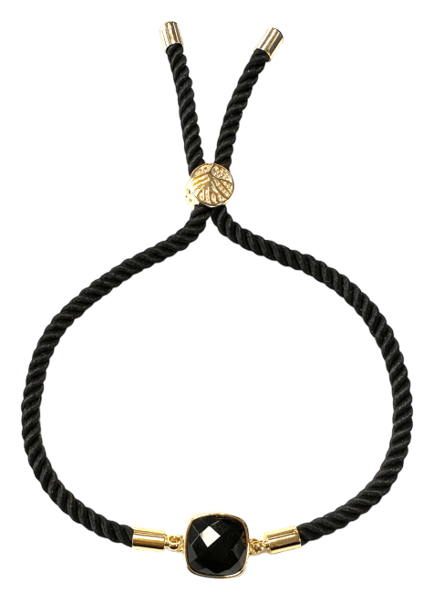 Faceted Square Black Obsidian Brass Rope Bracelet 11mm