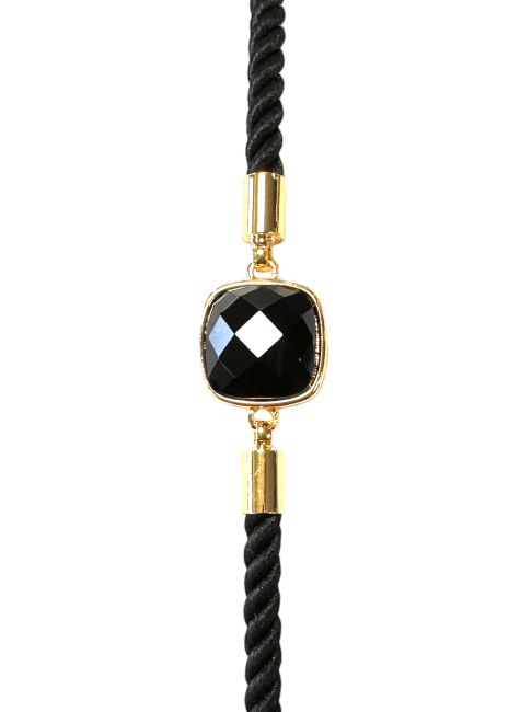 Faceted Square Black Obsidian Brass Rope Bracelet 11mm