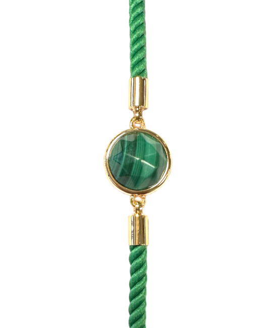 Round Faceted Malachite Brass Rope Bracelet 12mm