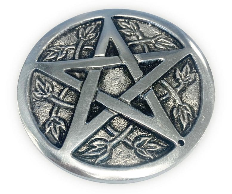 Round white metal incense holder Pentacle Altar triple moon cm