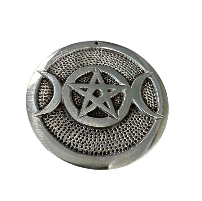 Round white metal incense holder Pentacle Altar triple moon cm