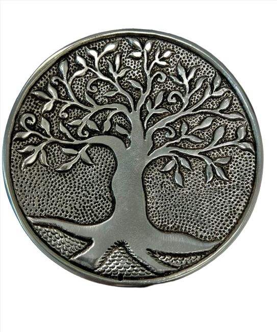 Round white metal incense holder Tree of life relief 12.5cm