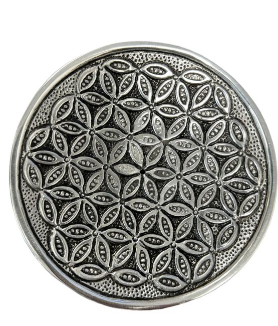 Round white metal incense holder Flower of Life relief 11cm