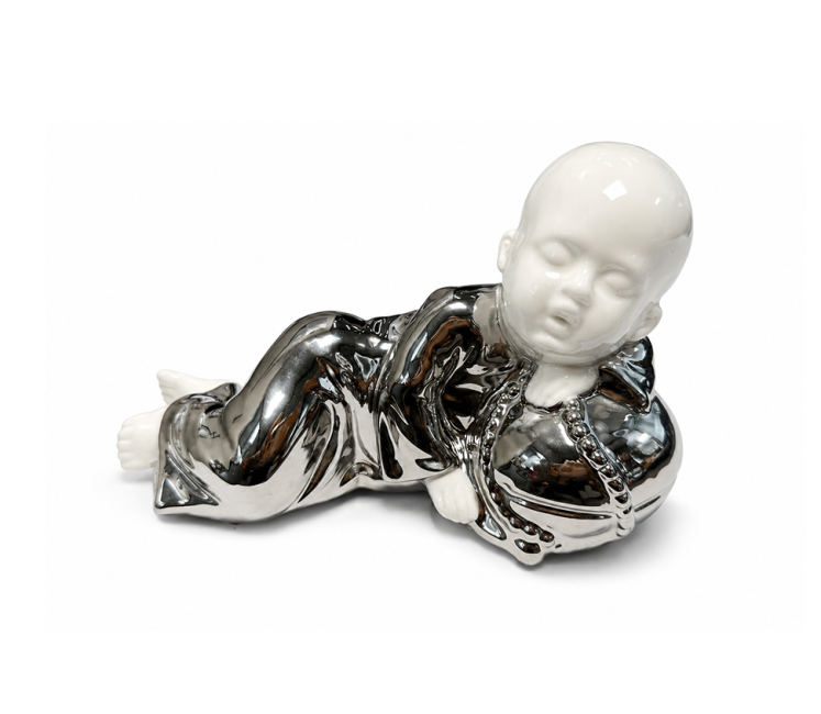 incense at White and Silver Ceramic Reclining Buddhist Monk Statue 18cm