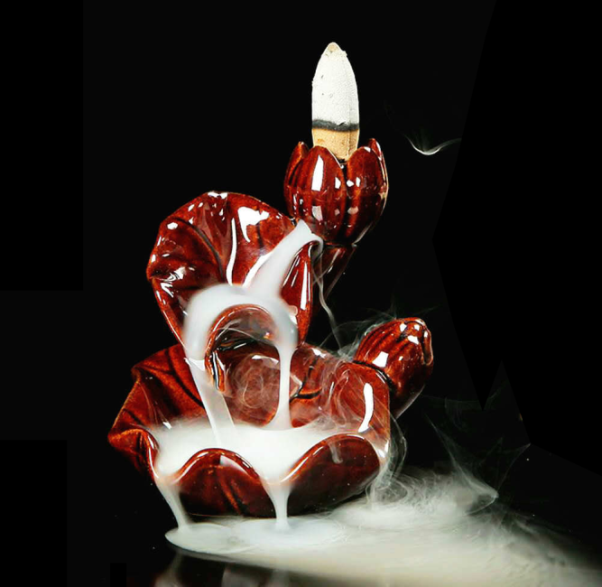 Blackflow Incense Holder Red Ceramic Cascade Lotus Flower 8.5cm