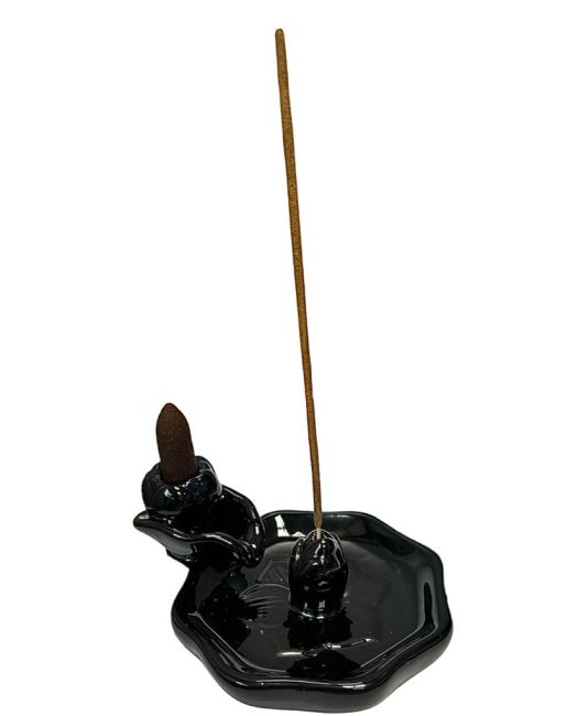 Black Ceramic Backflow Incense Holder Lotus Flowers 13cm