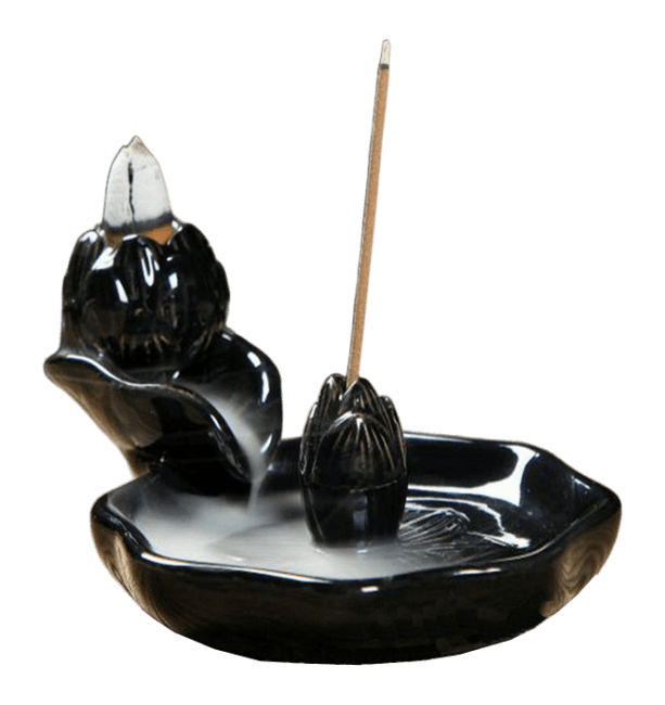 Black Ceramic Backflow Incense Holder Lotus Flowers 13cm