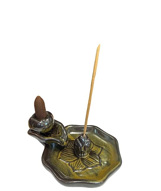 Brown Ceramic Backflow Incense Holder Lotus Flowers 13cm