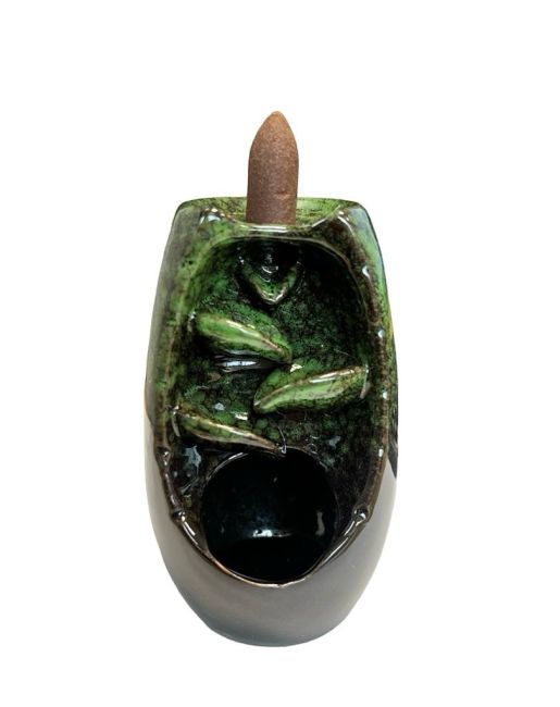 Green Ceramic Backflow Incense Holder Cascade of Leaves 13cm