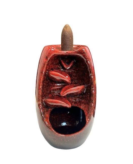 Red Ceramic Backflow Incense Holder Cascade of Leaves 13cm