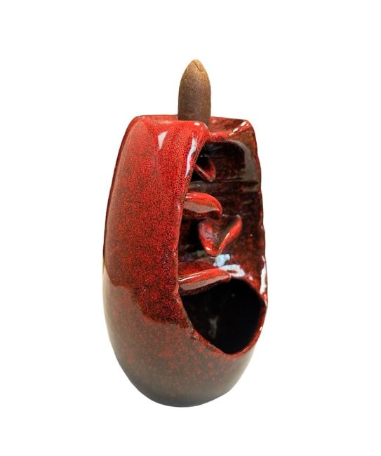 Red Ceramic Backflow Incense Holder Cascade of Leaves 13cm