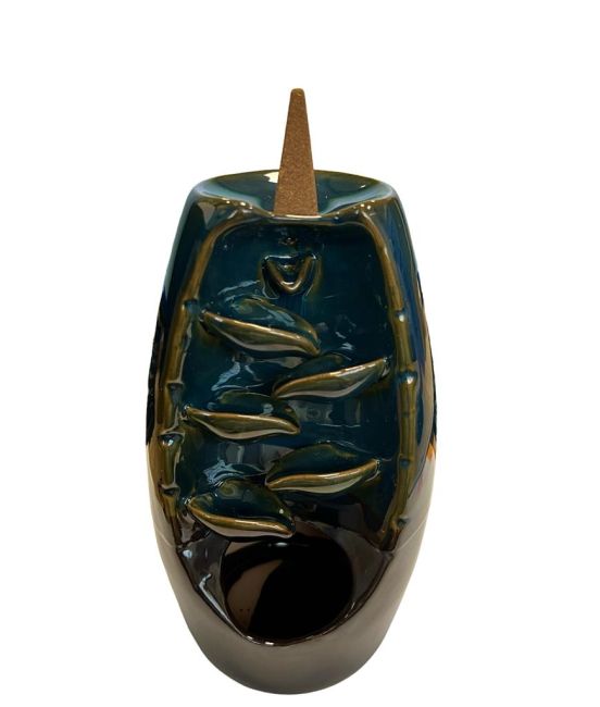 Backflow Incense Holder Ceramic Blue-Brown Cascade of Leaves 20cm