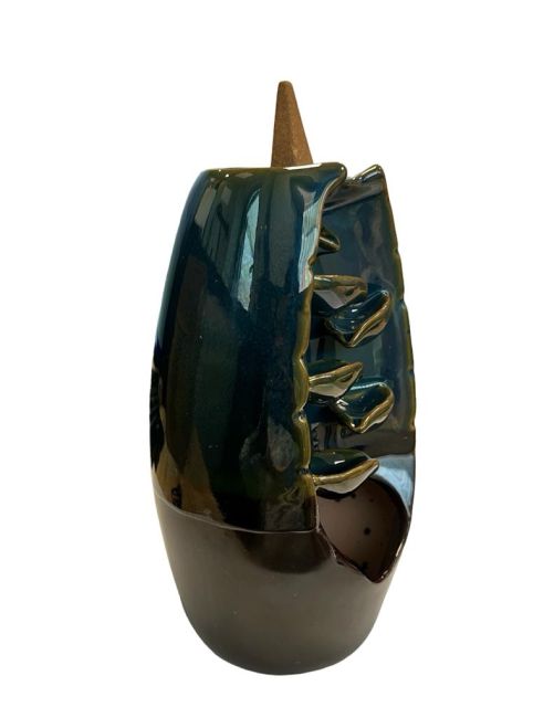 Backflow Incense Holder Ceramic Blue-Brown Cascade of Leaves 20cm