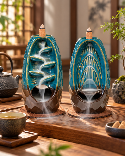incense at Double-sided blue-brown ceramic backflow incense burner 20 cm|gb