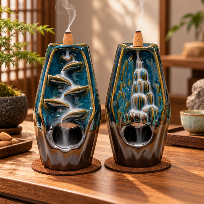 incense at Double-sided faceted blue-brown ceramic backflow incense holder 20 cm|gb