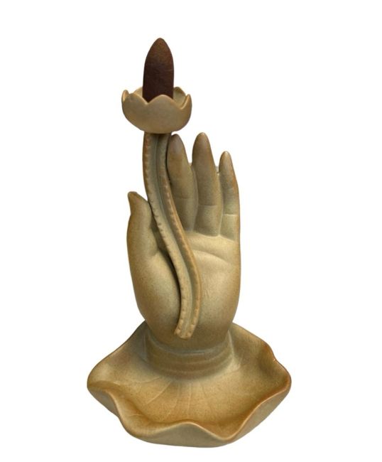 Backflow Incense Holder Beige Ceramic Hand of Buddha -Lotus 16cm