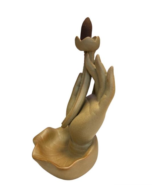 Backflow Incense Holder Beige Ceramic Hand of Buddha -Lotus 16cm