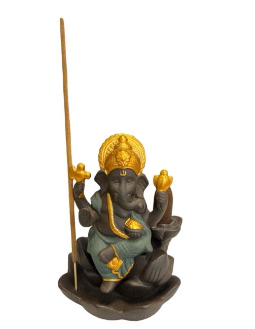Backflow Ganesh Lotus Incense Holder - Green 11cm
