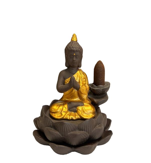 Backflow Buddha Gold Incense Holder - Lotus Flower 11cm