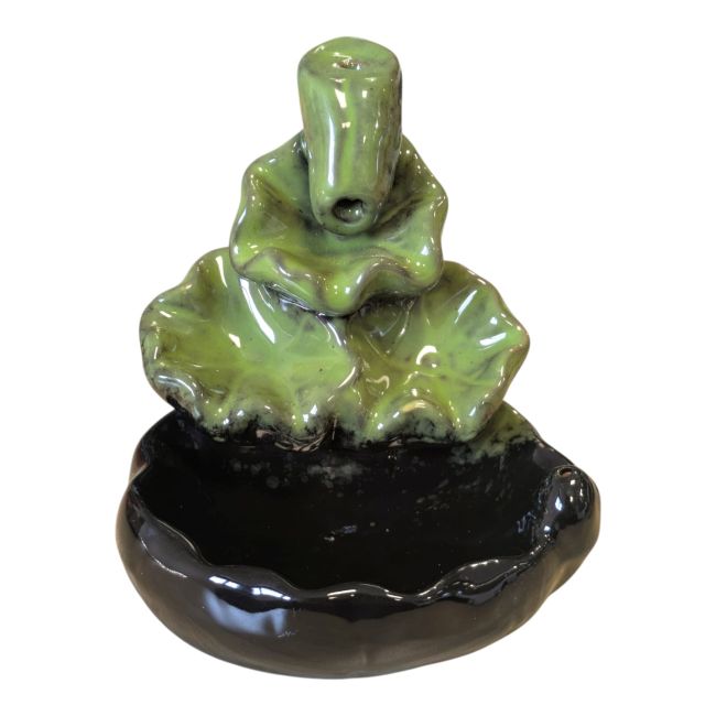 Backflow Ceramic Incense Holder with Cascade Design and Green Lotus Leaves, 10cm
