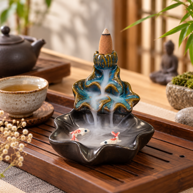 incense at Ceramic backflow incense holder, cascading lotus leaves and fish design, 9.5 cm|gb