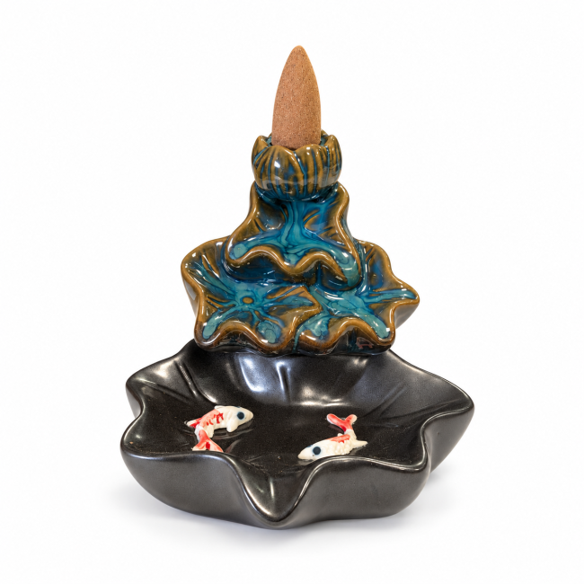 incense at Ceramic backflow incense holder, cascading lotus leaves and fish design, 9.5 cm