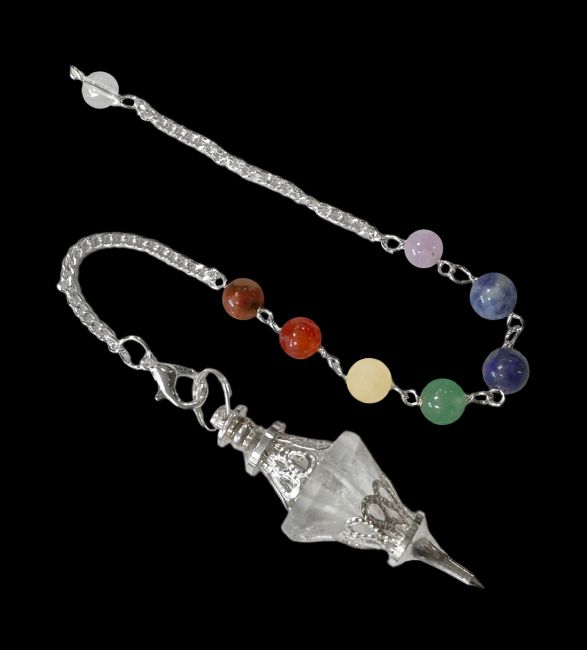 Conical Rock Crystal & metal 7 Chakras  pendulum