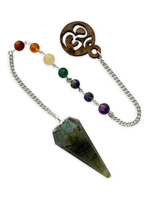 Conical pendulum in Labradorite 7 chakras & om 12 faces