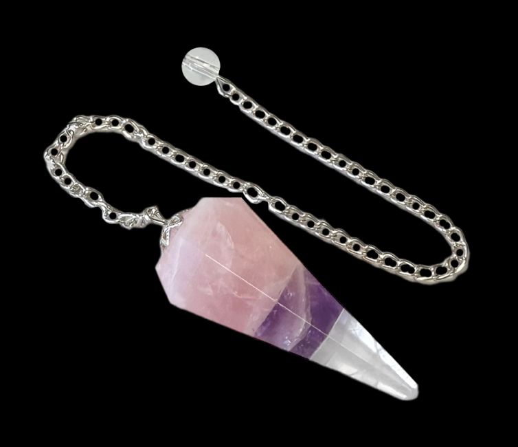 Conical pendulum in Rose Quartz, Amethyst and Rock Crystal 6 faces