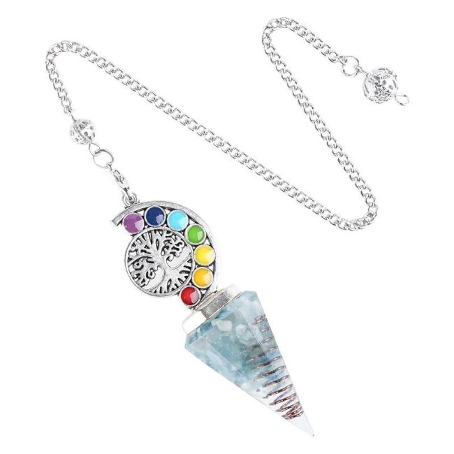 Orgonite Aquamarine Pendulum Tree of Life 7 Chakras 6-sided