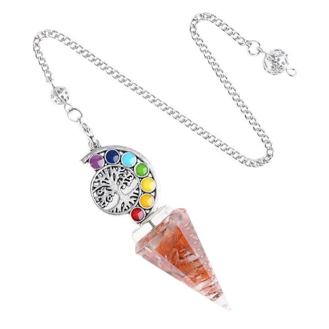 Carnelian Orgonite Pendulum Tree of Life 7 Chakras 6 faces