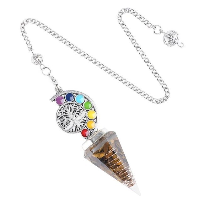 Orgonite Pendulum Tiger Eye Tree of Life 7 Chakras 6 sides