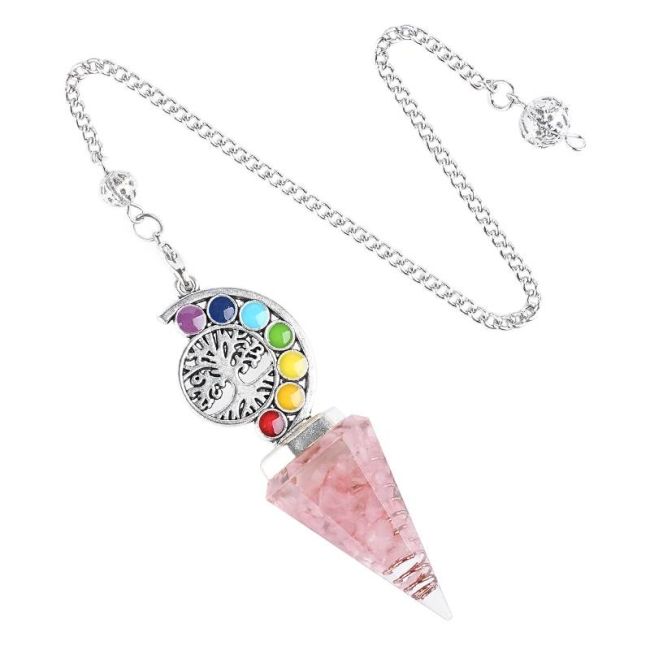 Orgonite Pendulum Rose Quartz Tree of Life 7 Chakras 6 sides