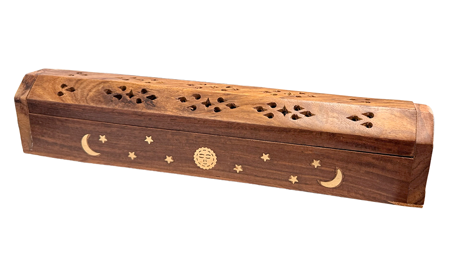 Incense Holder Sheesham Wood Box Moon and Sun 30cm x2