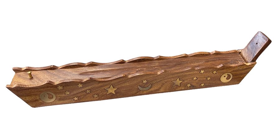 Incense Holder Sheesham Wood Box Moon Stars Ying Yang 30cm x2