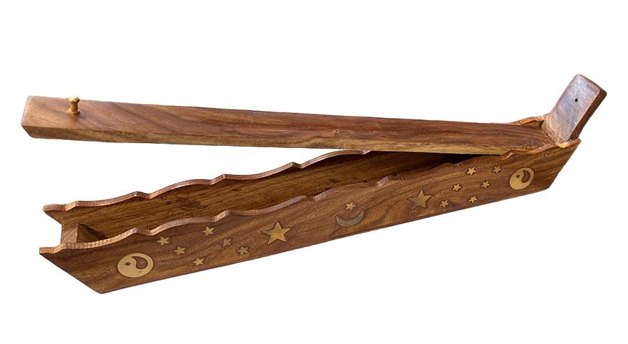 Incense Holder Sheesham Wood Box Moon Stars Ying Yang 30cm x2