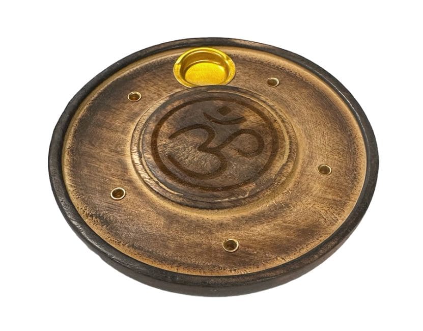 Chiseled Round Wooden Incense Holder Om 10cm x10