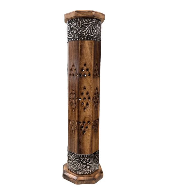 Octagonal Tower Incense Holder in Mango Wood and Metal 30cm x2
