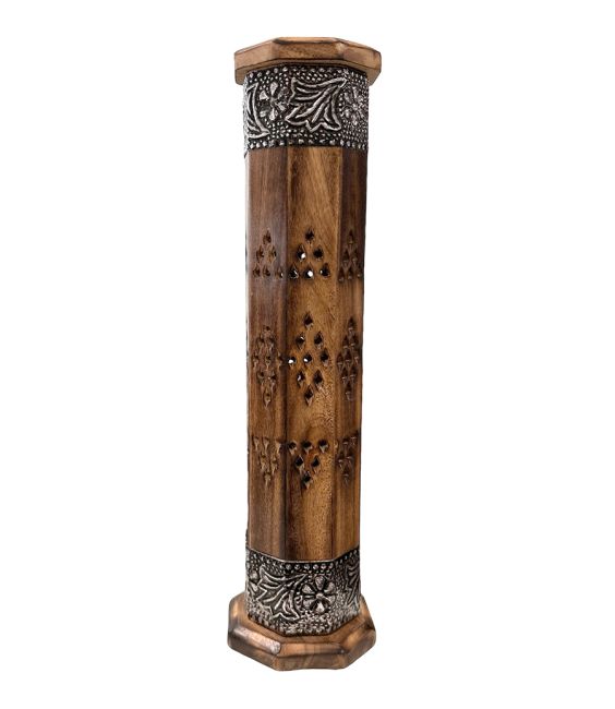 incense at Octagonal Tower Incense Holder in Mango Wood and Metal 30cm x2|gb