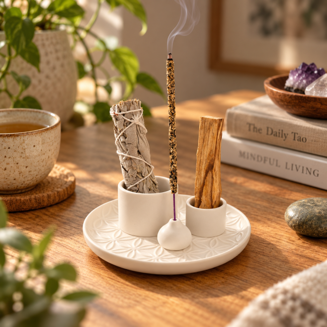 incense at Black Ceramic Incense Holder Flowers of Life for Palo Santo and White Sage 13cm|gb