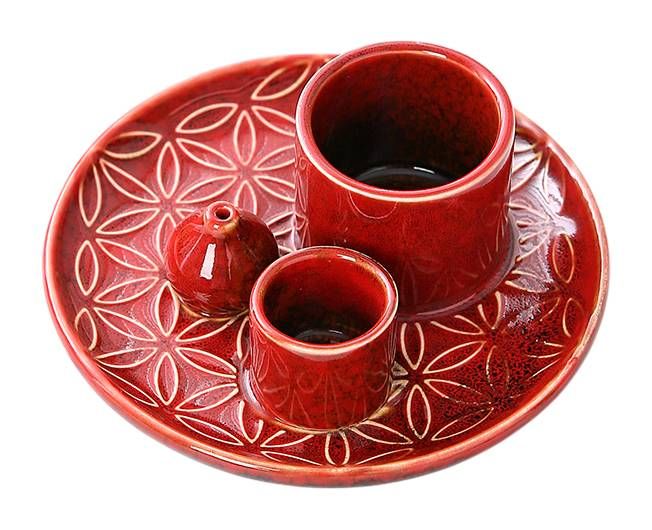 Red Ceramic Incense Holder Flowers of Life for Palo Santo and White Sage 13cm