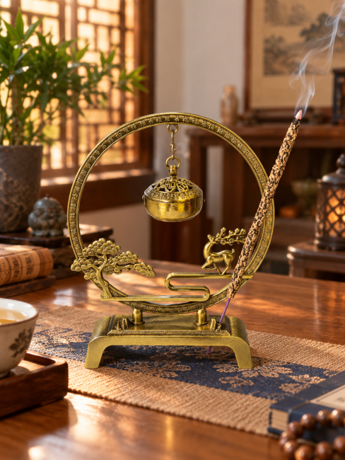 incense at Hanging incense burner with deer and pine tree design 15.5 cm|gb