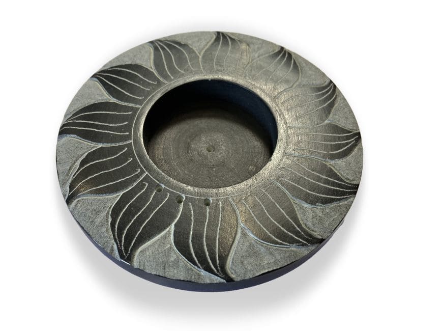 Round black & grey saponite incense holder sun 10cm