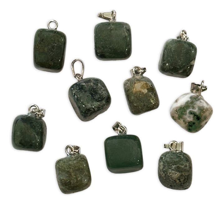 Moss Agate tumbled stone pendant x 10